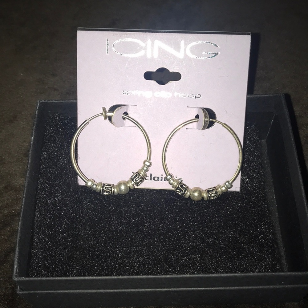 Clip on dangle dangly earrings silver hoops!!
